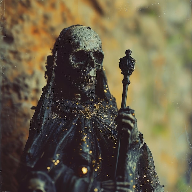 Photo une statue d'un squelette tenant un bâton