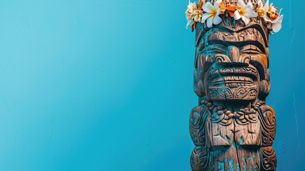 Photo statue de tiki polynésienne ornée de fleurs tropicales