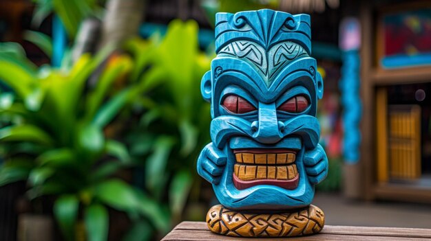 Une statue tiki tiki tiki au visage bleu