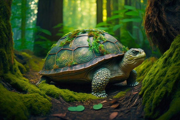 Statue de tortue au milieu de la forêt avec de la mousse qui pousse sur sa carapace Generative AI