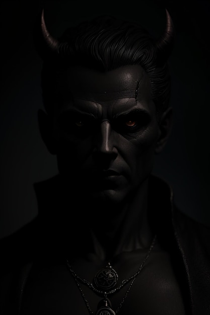 Une statue d'un vampire aux yeux rouges est dans le noir.