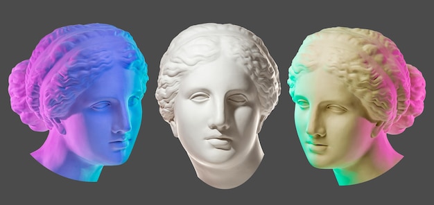 Statue de Vénus de Milo. Image au néon coloré de concept créatif avec la tête de Vénus ou d'Aphrodite de sculpture grecque antique. Isolé sur fond noir. Webpunk, vaporwave et style d'art surréaliste.