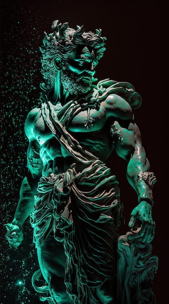 Une statue verte d'un homme avec un crâne sur sa poitrine.