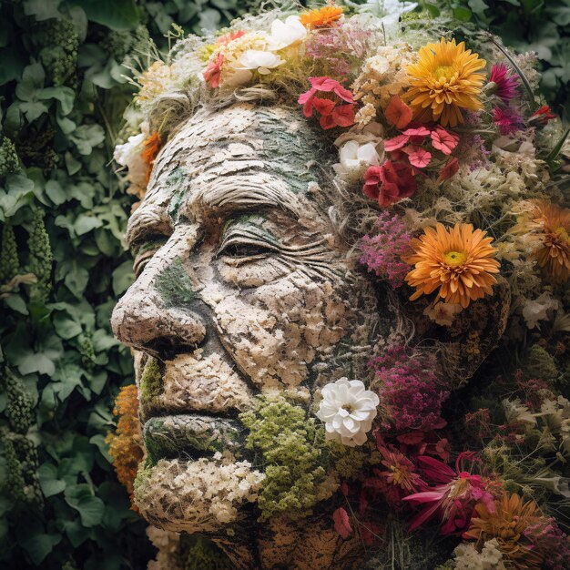 Une statue d'un vieil homme avec des fleurs sur la tête