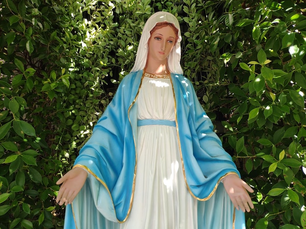 La statue de la Vierge mariée contre les arbres