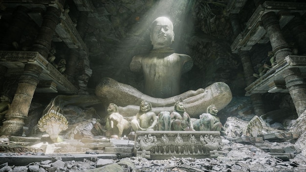 Statues antiques avec rayon lumineux dans la grotte rendu 3d