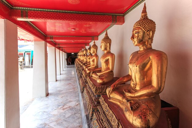 Des statues de Bouddha rangées dans un temple