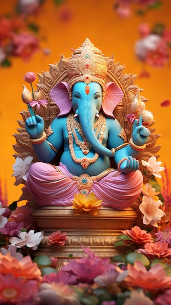 L'une des statues de Ganesha imprimées en 3D dans des couleurs traditionnelles sur fond de lotus