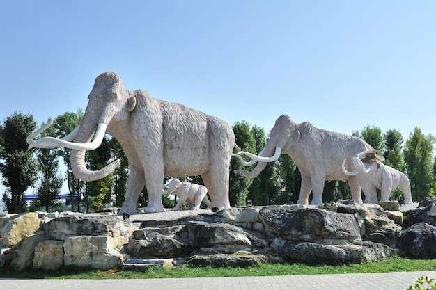 Des statues de mammouths en béton de taille réelle Mammuthus dans le parc d'histoire de la Terre