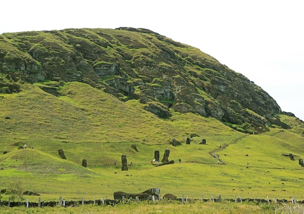 Statues Moai abandonnées sur le volcan Rano Raraku sur l'île de Pâques du Chili