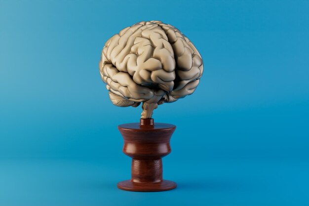 Une statuette d'un cerveau sur un beau support en bois sur un fond bleu rendu 3D