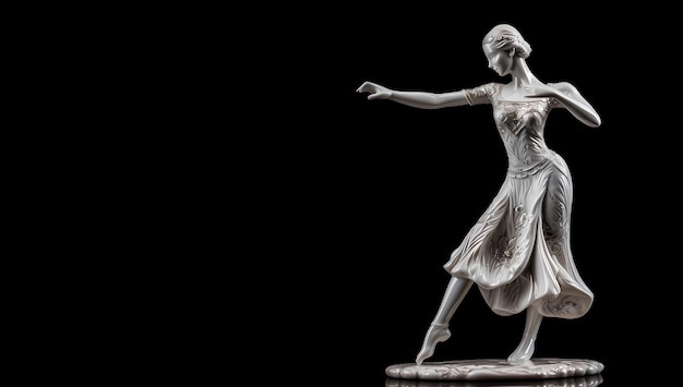 Statuette d'une danseuse en plâtre figure blanche déesse de la beauté sur un fond noir espace libre