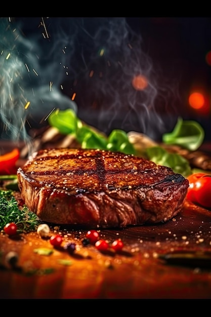 Un steak d'agneau avec des légumes et de la viande sur un gril