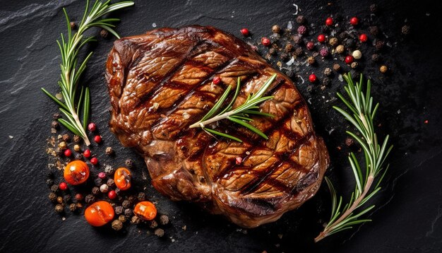 un steak avec des aiguilles de pin et des épices sur une table en pierre noire