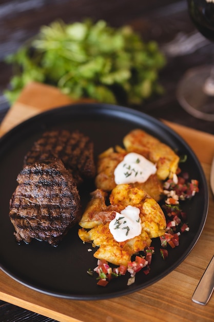 Steak appétissant avec gros plan de pommes de terre