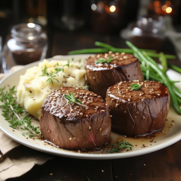 Un steak appétissant et des pommes de terre sur une assiette avec une garniture