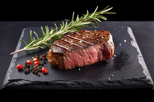 steak arafé sur une planche d'ardoise avec une brindille de romarin et du poivre génératif ai