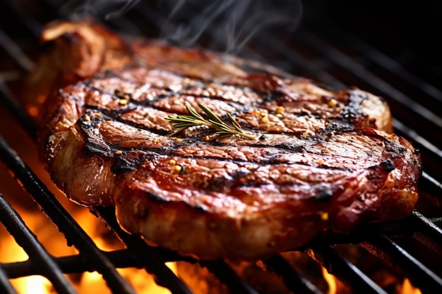 steak d'araffe sur un gril avec des flammes et de la fumée qui en sortent ai générative