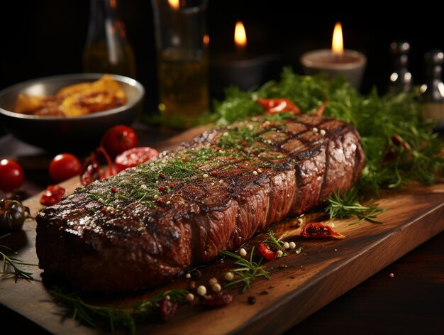 Steak arrafé sur une planche à couper avec des herbes et des tomates