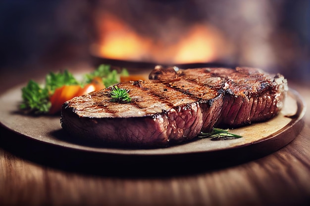 Steak sur assiette avec accompagnement de légumes Generative AI