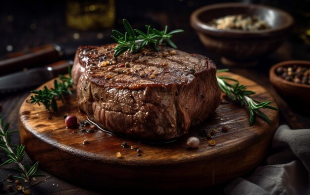 Un steak sur une assiette en bois avec du romarin dessus