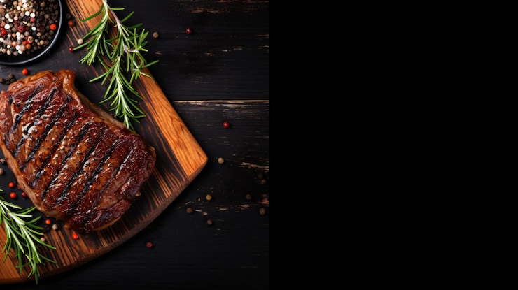 Photo steak sur une assiette en bois avec des épices et des herbes sur un fond noir