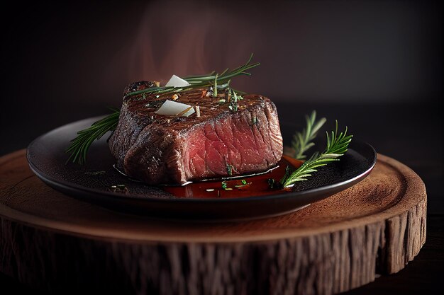 Un steak sur une assiette avec un brin de romarin dessus