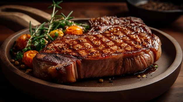 Un steak sur une assiette avec un côté de légumes