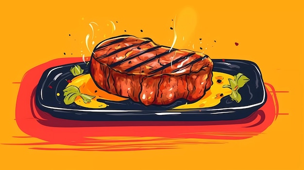 Un steak sur une assiette avec un fond jaune.