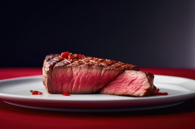 Un steak sur une assiette avec un fond rouge