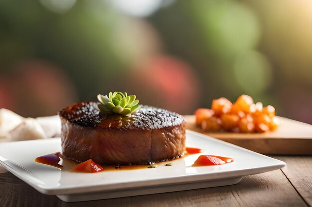 un steak sur une assiette avec un légume vert sur le dessus.