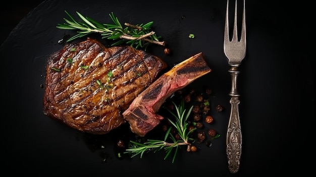 un steak sur une assiette noire avec une fourchette et un couteau