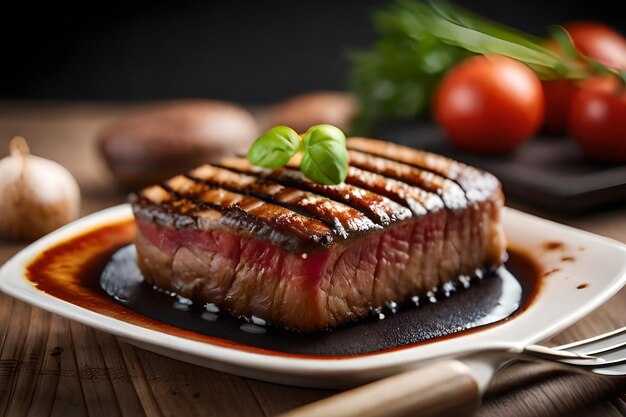 Photo un steak sur une assiette avec de la tomate dessus