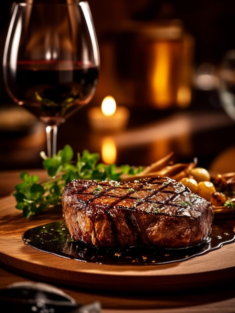 Un steak sur une assiette avec un verre de vin en arrière-plan