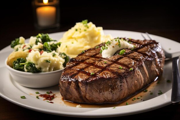 Un steak au filet de tendre grillé et des pommes de terre au four