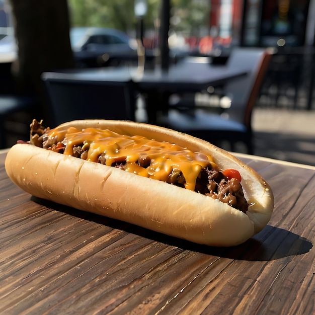 Un steak au fromage au piment sur une table à l'extérieur du Bronx gnearé par l'IA