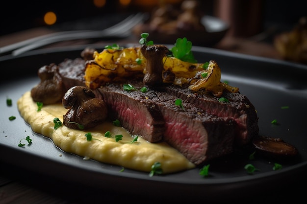 Un steak aux champignons sur une assiette