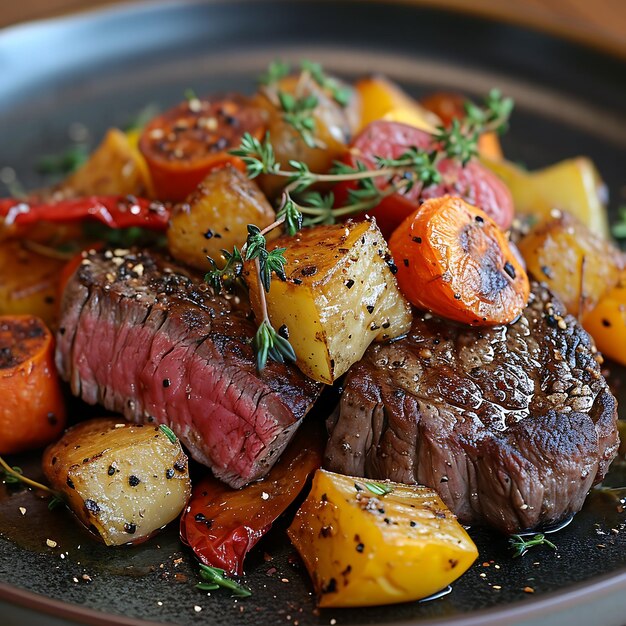 Steak de boeuf aux légumes rôtis sur fond de bois