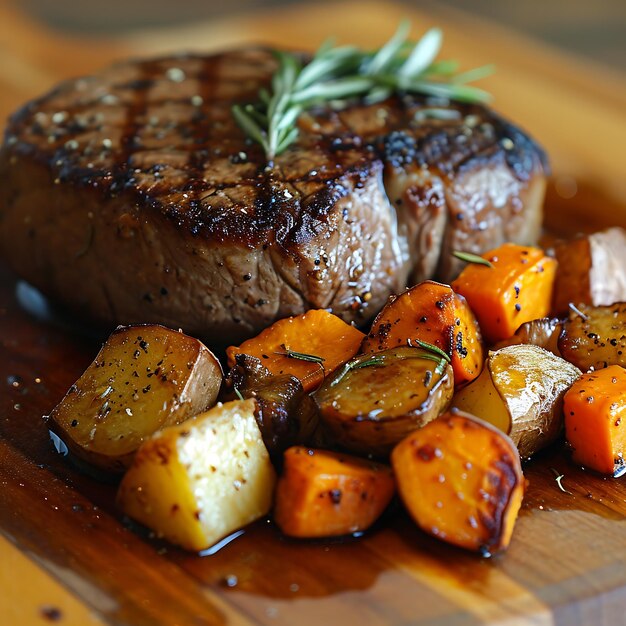 Steak de boeuf aux légumes rôtis sur fond de bois