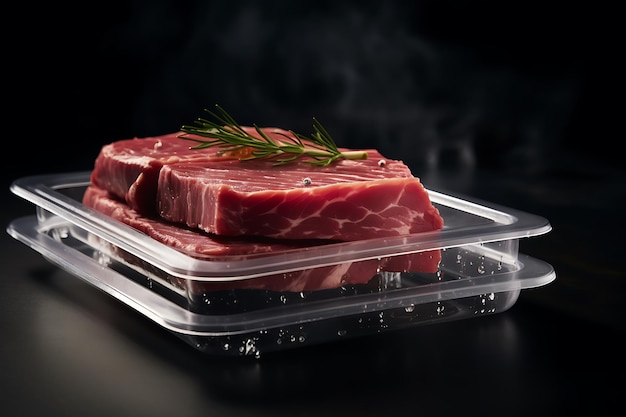 Le steak de bœuf cru congelé est sur un plateau en plastique sous une enveloppe de nourriture transparente.