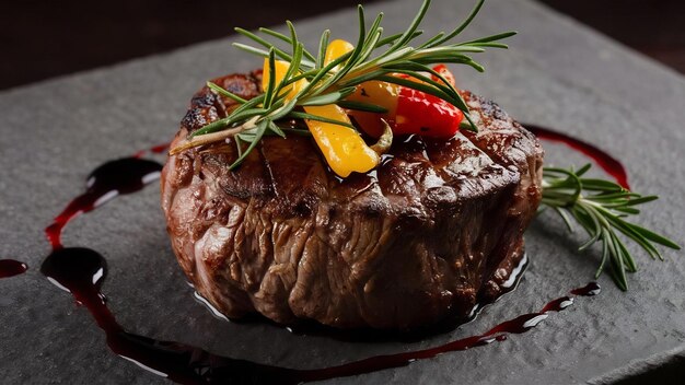 Steak de bœuf cru avec du romarin et des poivrons sur pierre noire