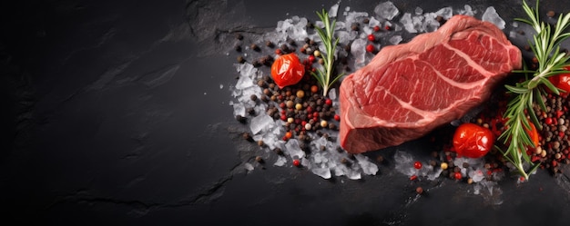 Steak de bœuf cru avec du sel sur une table en pierre de luxe sombre vue de la bannière alimentaire générative Ai