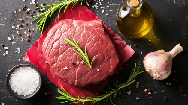 Photo steak de bœuf cru frais avec du romarin au poivre rouge et du sel sur une surface noire