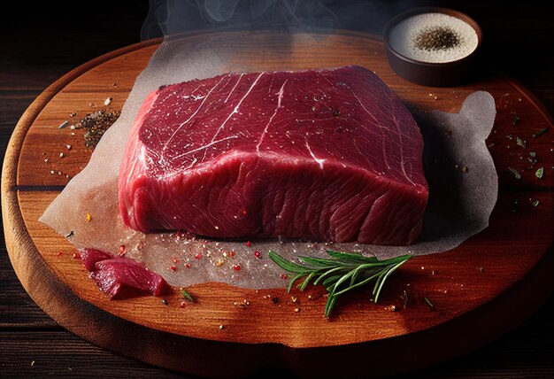 Photo steak de boeuf cru sur une planche à découper avec du romarin et des épices sur fond de bois