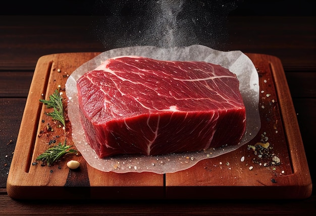Photo steak de boeuf cru sur une planche à découper avec du sel et du poivre sur un fond en bois foncé