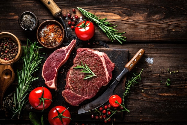 Steak de boeuf cru sur une planche à découper avec des herbes et des épices