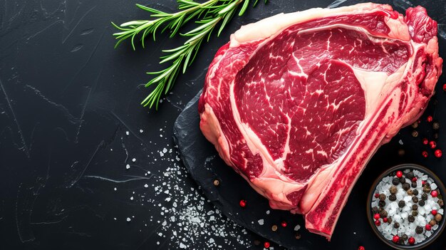 Photo steak de bœuf cru succulent avec du romarin au poivre rouge et du sel sur une surface noire