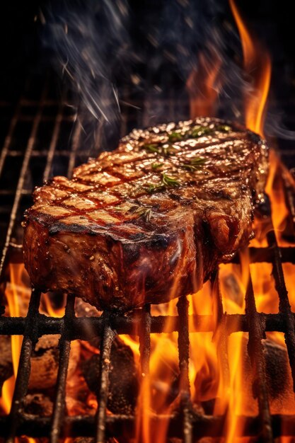 Un steak de bœuf est cuit sur un gril avec des flammes de feu