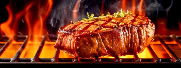Steak de boeuf sur le feu d'une bannière de fête barbecue grill chaud faite avec Generative AI