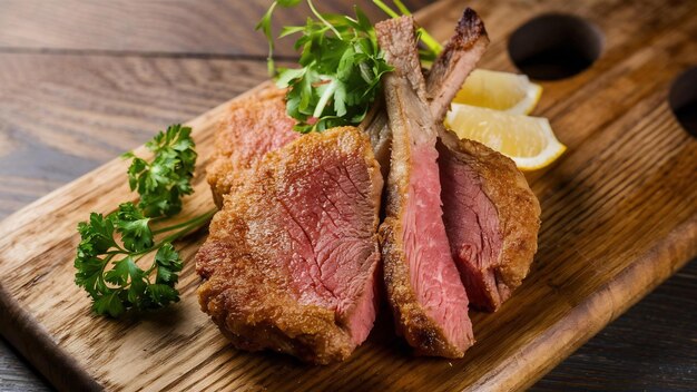 Steak de bœuf frit sur une planche de bois